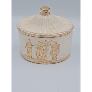 Vintage Borghese Oval Gilt Box Fluted Lid‎ Greek Figures Beige Chalkware Blue